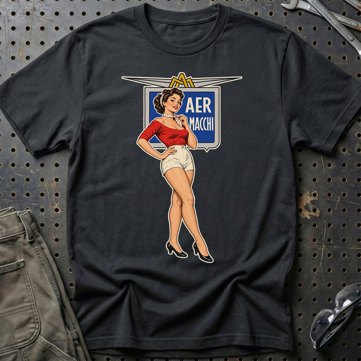 Aermacchi Retro Pinup T-Shirt-Beklædning-Aermacchi-Sort-S-Garage Culture Shop- garage - man cave - merchandise