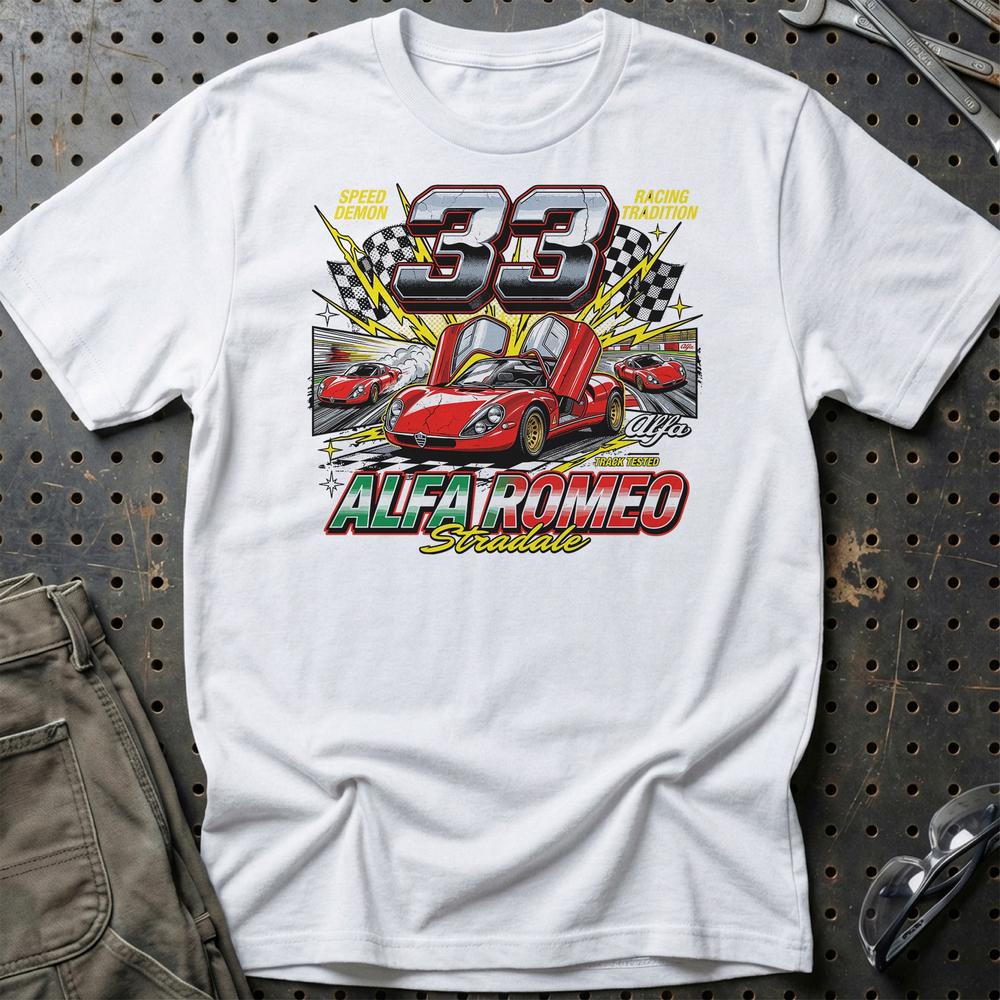 Alfa Romeo 33 Stradale Klassisk Italiensk Sportsvogn - Unisex T-Shirt-Beklædning-Alfa Romeo-Hvid-S-Garage Culture Shop- garage - man cave - merchandise