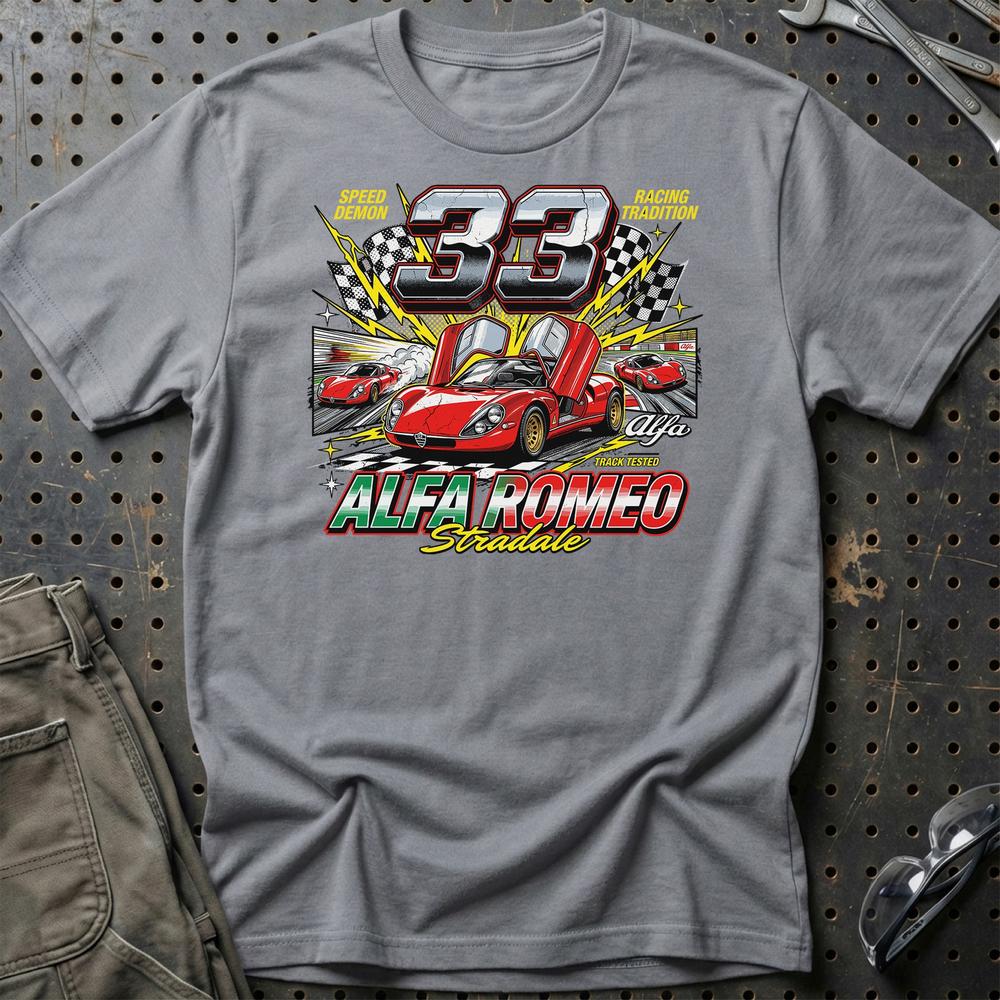 Alfa Romeo 33 Stradale Klassisk Italiensk Sportsvogn - Unisex T-Shirt-Beklædning-Alfa Romeo-Grå Sport-S-Garage Culture Shop- garage - man cave - merchandise