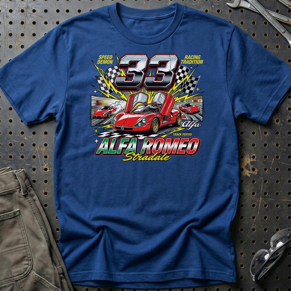 Alfa Romeo 33 Stradale Klassisk Italiensk Sportsvogn - Unisex T-Shirt-Beklædning-Alfa Romeo-Blå Royal-S-Garage Culture Shop- garage - man cave - merchandise