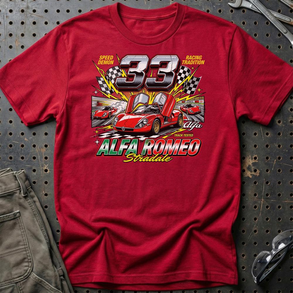 Alfa Romeo 33 Stradale Klassisk Italiensk Sportsvogn - Unisex T-Shirt-Beklædning-Alfa Romeo-Rød-S-Garage Culture Shop- garage - man cave - merchandise
