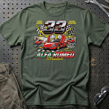 Alfa Romeo 33 Stradale Klassisk Italiensk Sportsvogn - Unisex T-Shirt-Beklædning-Alfa Romeo-Grøn Militær-S-Garage Culture Shop- garage - man cave - merchandise