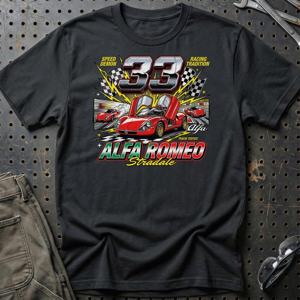 Alfa Romeo 33 Stradale Klassisk Italiensk Sportsvogn - Unisex T-Shirt-Beklædning-Alfa Romeo-Sort-S-Garage Culture Shop- garage - man cave - merchandise