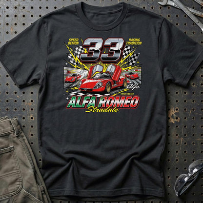 Alfa Romeo 33 Stradale Klassisk Italiensk Sportsvogn - Unisex T-Shirt-Beklædning-Alfa Romeo-Sort-S-Garage Culture Shop- garage - man cave - merchandise