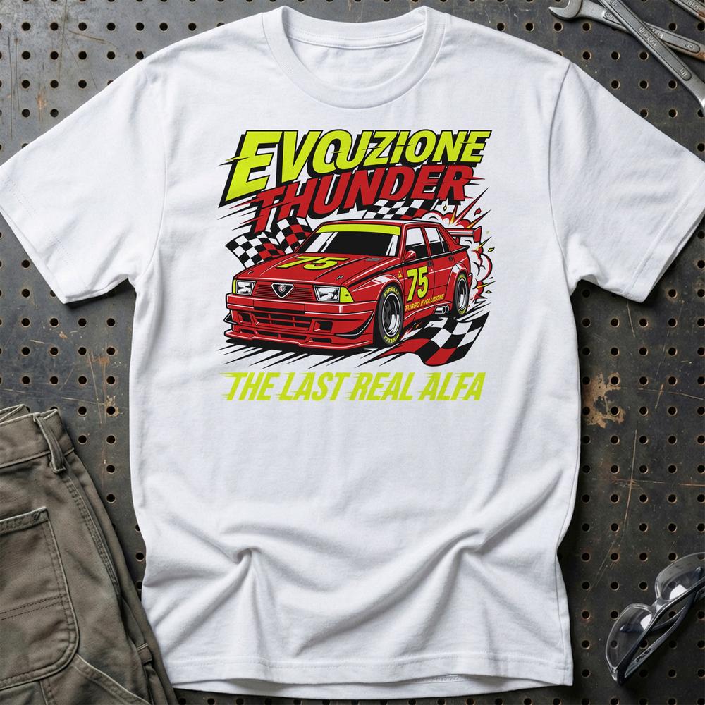 Alfa Romeo 75 Evozione Thunder The Last Real Alfa - Unisex T-Shirt-Beklædning-Alfa Romeo-Hvid-S-Garage Culture Shop- garage - man cave - merchandise