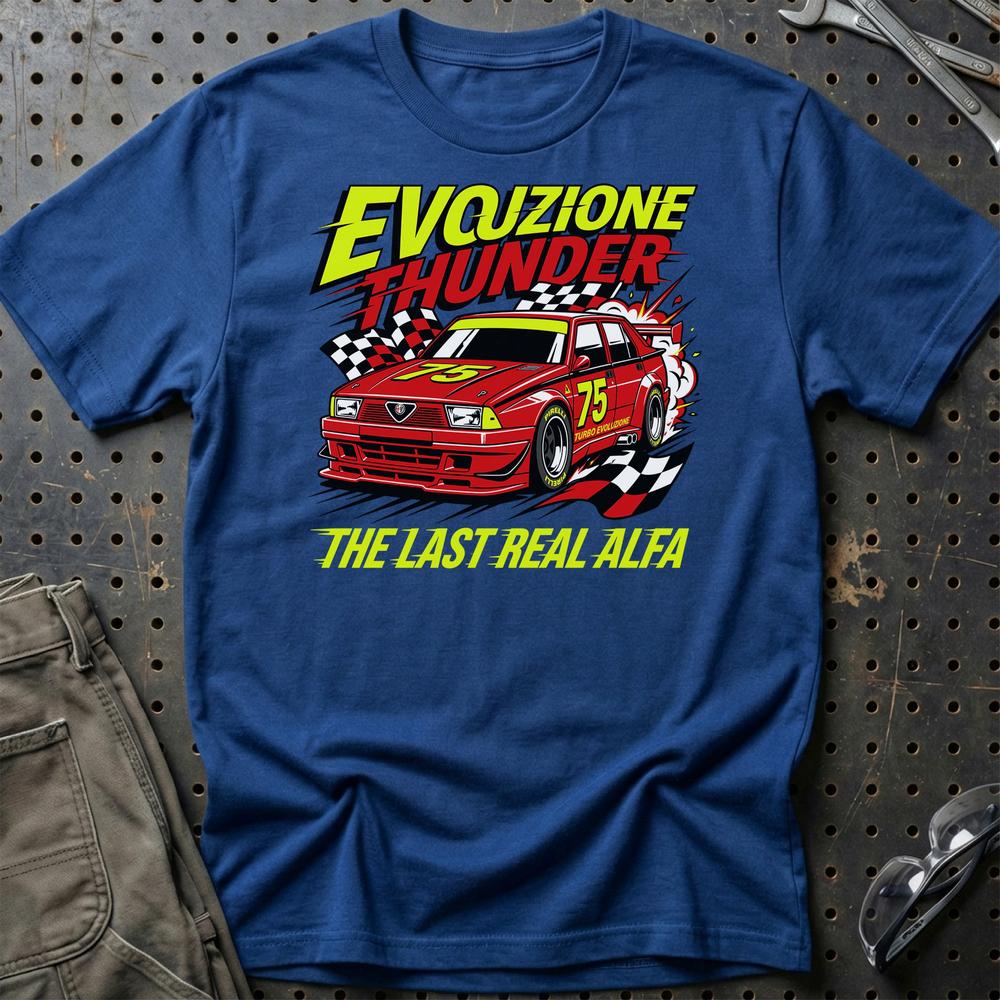 Alfa Romeo 75 Evozione Thunder The Last Real Alfa - Unisex T-Shirt-Beklædning-Alfa Romeo-Blå Royal-S-Garage Culture Shop- garage - man cave - merchandise