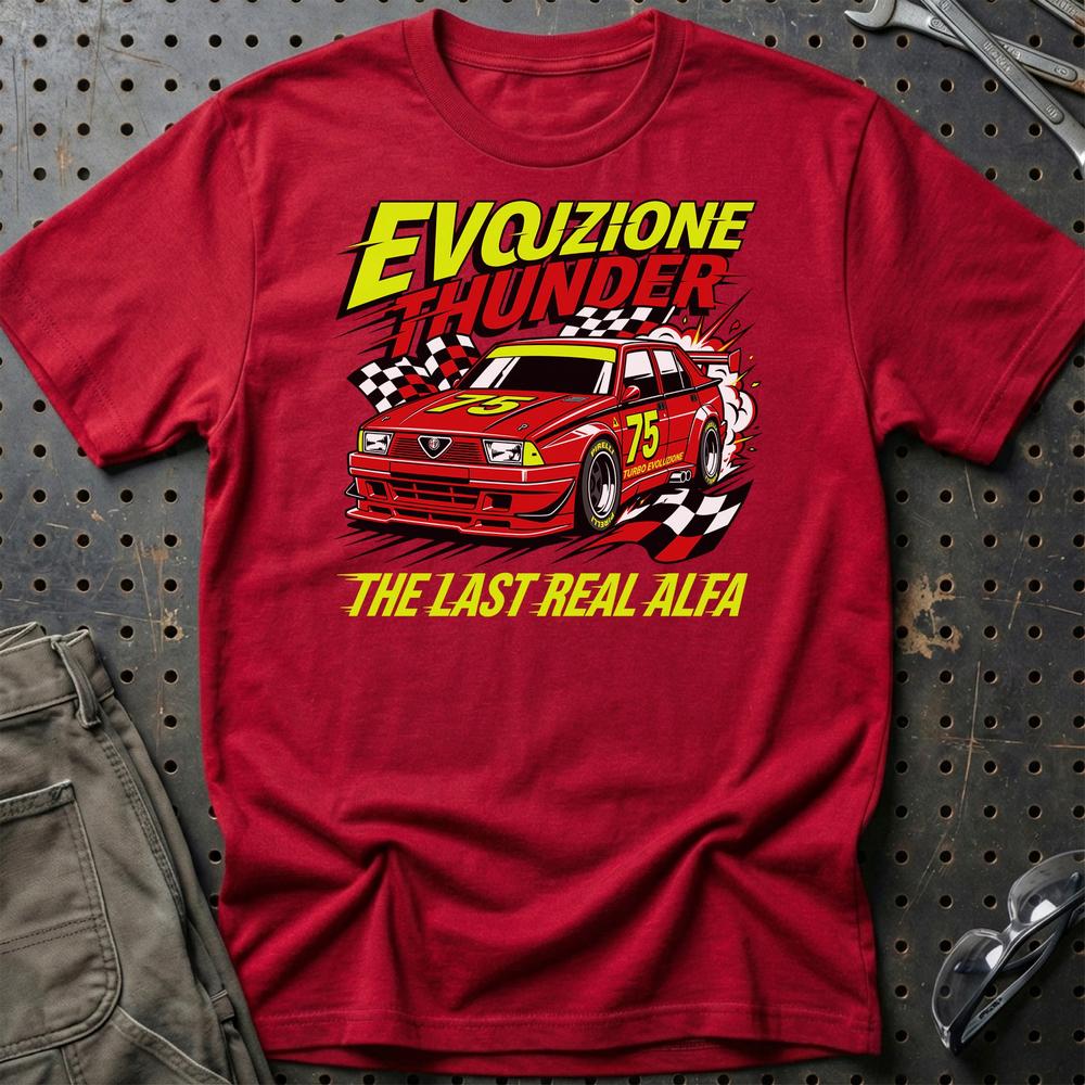Alfa Romeo 75 Evozione Thunder The Last Real Alfa - Unisex T-Shirt-Beklædning-Alfa Romeo-Rød-S-Garage Culture Shop- garage - man cave - merchandise