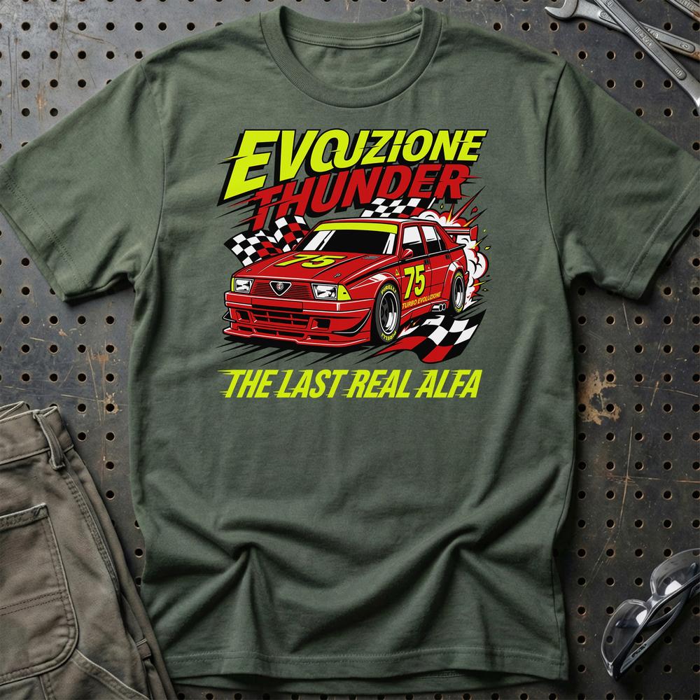 Alfa Romeo 75 Evozione Thunder The Last Real Alfa - Unisex T-Shirt-Beklædning-Alfa Romeo-Grøn Militær-S-Garage Culture Shop- garage - man cave - merchandise