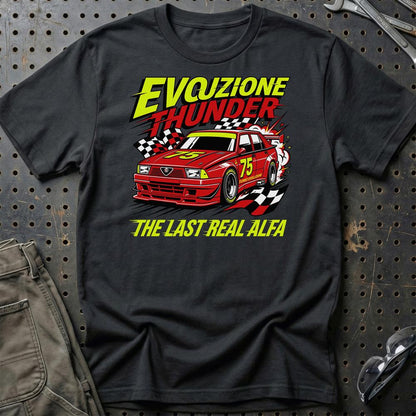 Alfa Romeo 75 Evozione Thunder The Last Real Alfa - Unisex T-Shirt-Beklædning-Alfa Romeo-Sort-S-Garage Culture Shop- garage - man cave - merchandise