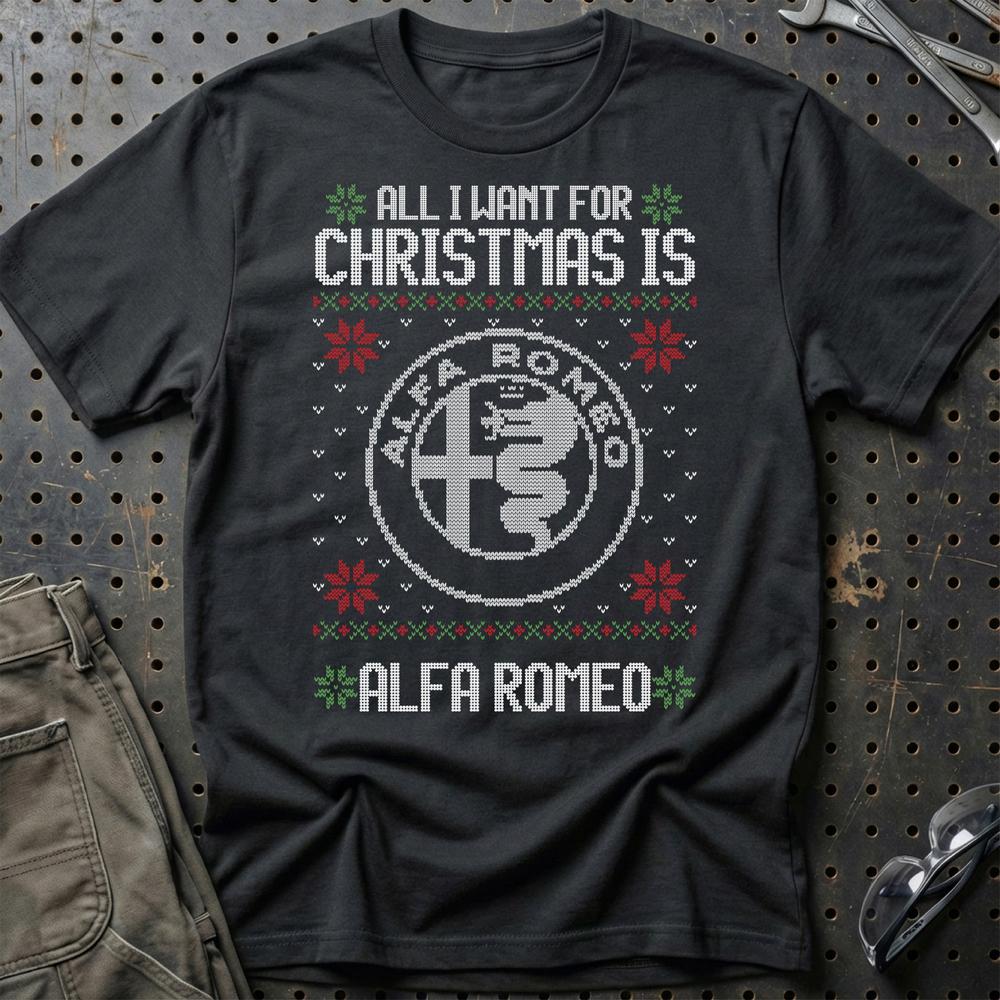 Alfa Romeo - All I Want For Christmas - Unisex T-Shirt , Bomuld-Beklædning-Alfa Romeo-Sort-S-Garage Culture Shop- garage - man cave - merchandise