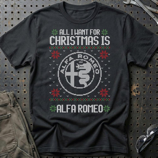 Alfa Romeo - All I Want For Christmas - Unisex T-Shirt , Bomuld-Beklædning-Alfa Romeo-Sort-S-Garage Culture Shop- garage - man cave - merchandise