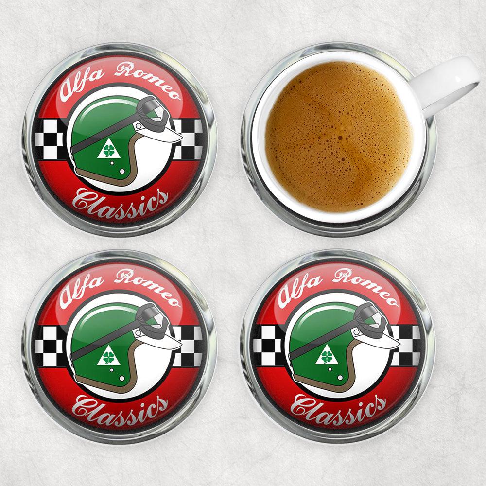 Alfa Romeo Classics Runde Skilte , Musemåtte Rundt , Kop Underlag, Underlagssæt-Runde Skilte-Alfa Romeo-Garage Culture Shop- garage - man cave - merchandise