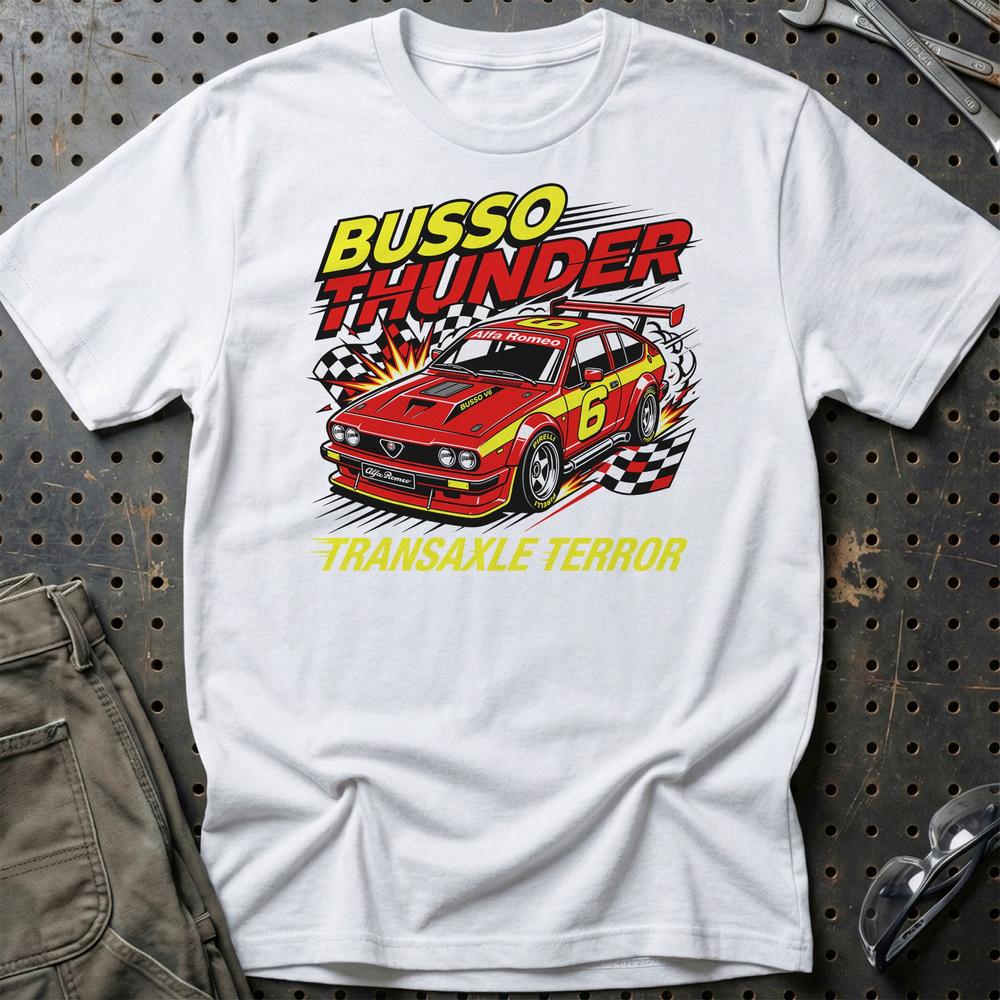 Alfa Romeo GTV6 2.5 Busso Thunder Transaxle Terror - Unisex T-Shirt-Beklædning-Alfa Romeo-Hvid-S-Garage Culture Shop- garage - man cave - merchandise