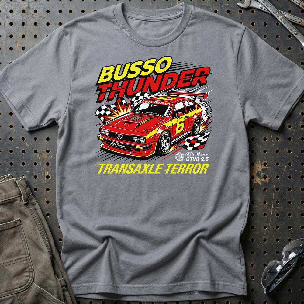 Alfa Romeo GTV6 2.5 Busso Thunder Transaxle Terror - Unisex T-Shirt-Beklædning-Alfa Romeo-Grå Sport-S-Garage Culture Shop- garage - man cave - merchandise