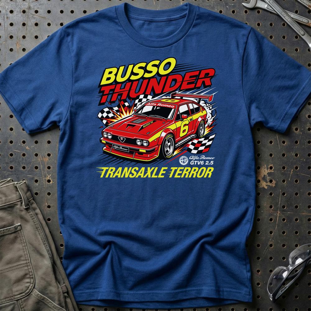 Alfa Romeo GTV6 2.5 Busso Thunder Transaxle Terror - Unisex T-Shirt-Beklædning-Alfa Romeo-Blå Royal-S-Garage Culture Shop- garage - man cave - merchandise
