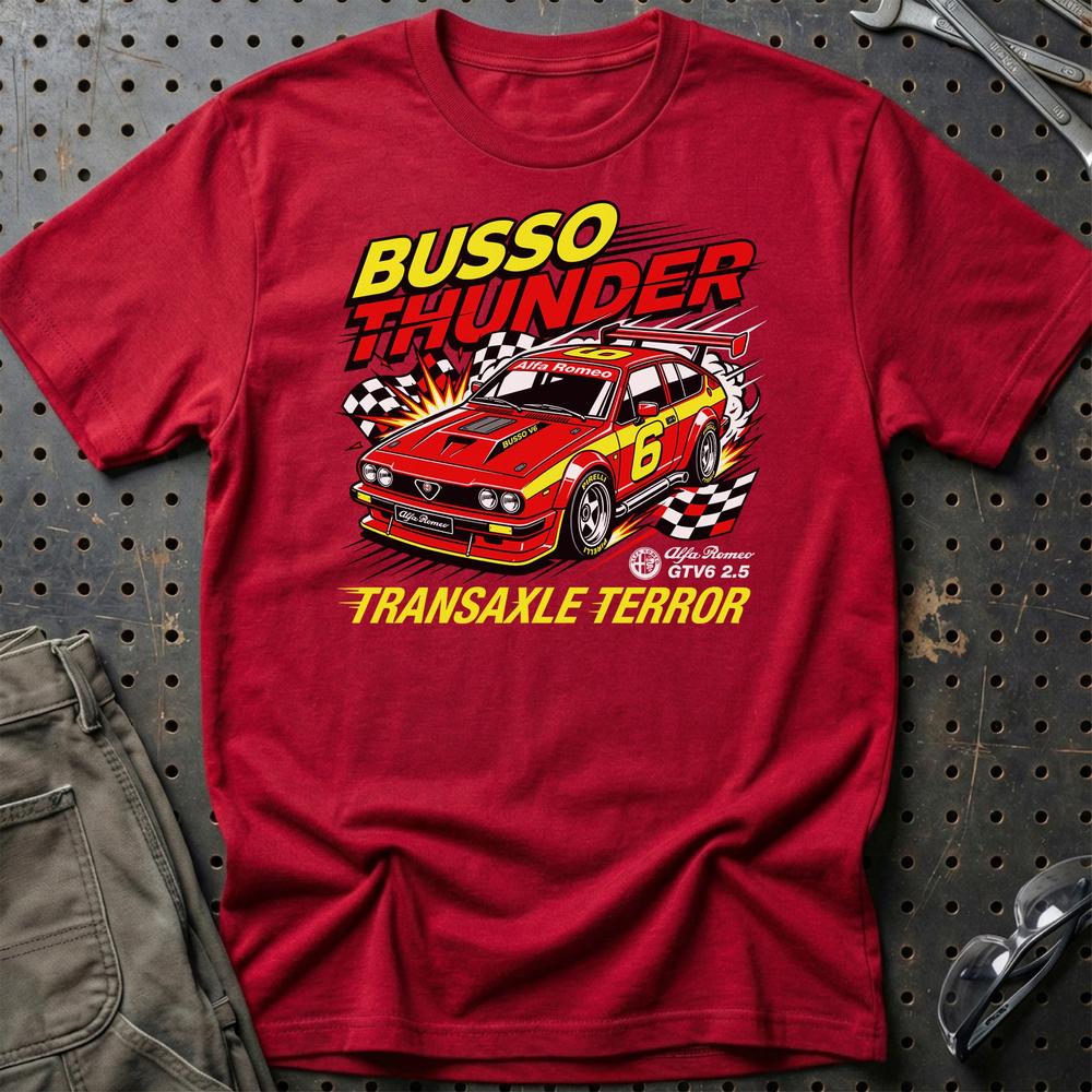 Alfa Romeo GTV6 2.5 Busso Thunder Transaxle Terror - Unisex T-Shirt-Beklædning-Alfa Romeo-Rød-S-Garage Culture Shop- garage - man cave - merchandise