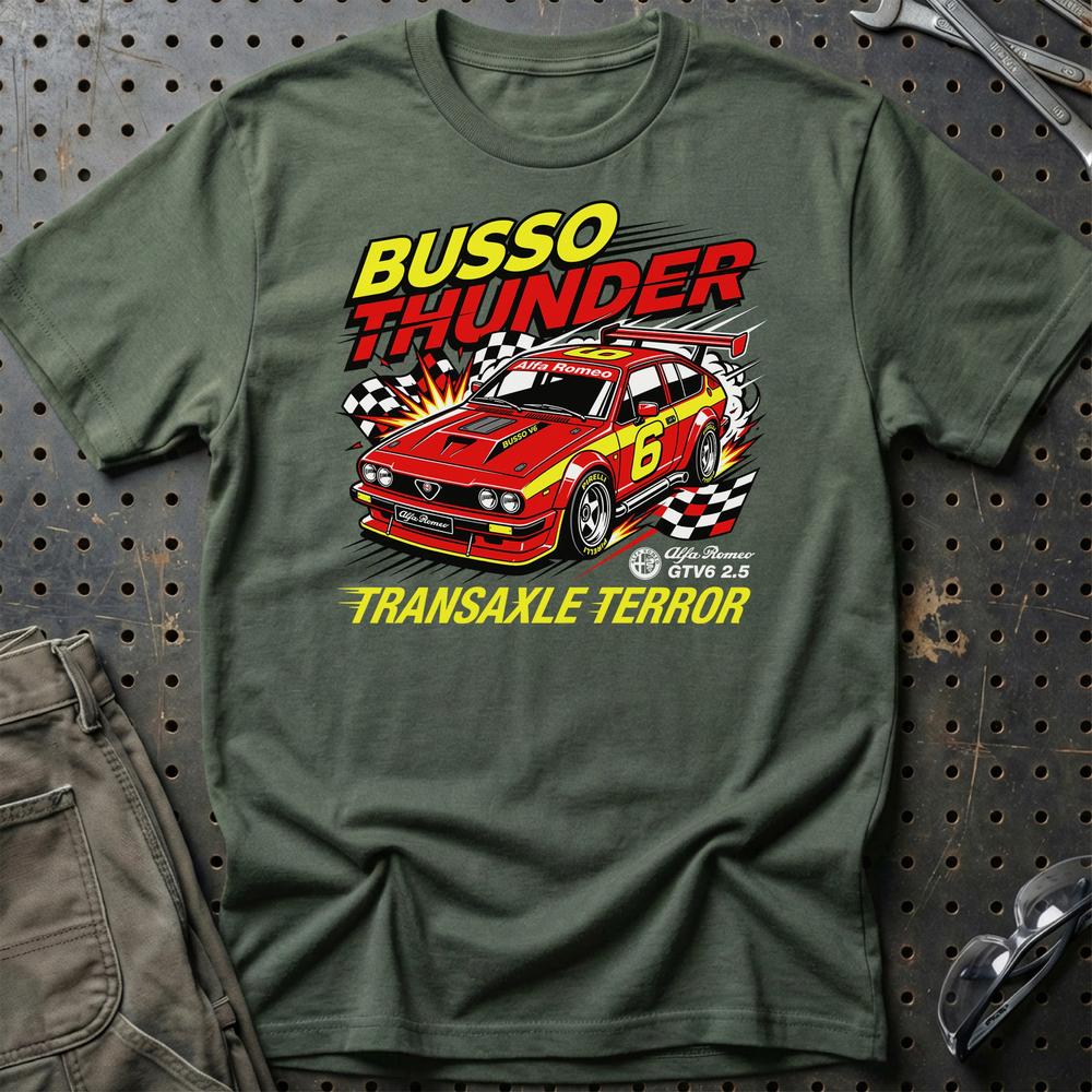 Alfa Romeo GTV6 2.5 Busso Thunder Transaxle Terror - Unisex T-Shirt-Beklædning-Alfa Romeo-Grøn Militær-S-Garage Culture Shop- garage - man cave - merchandise