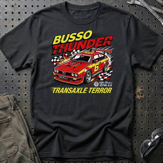 Alfa Romeo GTV6 2.5 Busso Thunder Transaxle Terror - Unisex T-Shirt-Beklædning-Alfa Romeo-Sort-S-Garage Culture Shop- garage - man cave - merchandise