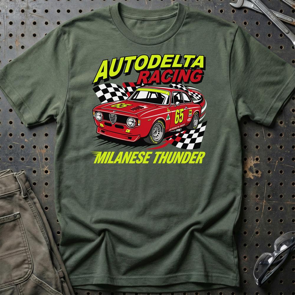 Alfa Romeo Giulia Autodelta Racing Milanese Thunder - Unisex T-Shirt-Beklædning-Alfa Romeo-Grøn Militær-S-Garage Culture Shop- garage - man cave - merchandise