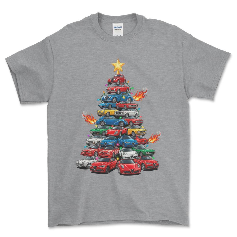 Alfa Romeo Juletræ Christmas Tree - Unisex T-Shirt-Beklædning-Alfa Romeo-Grå Sport-S-Forside-Garage Culture Shop- garage - man cave - merchandise