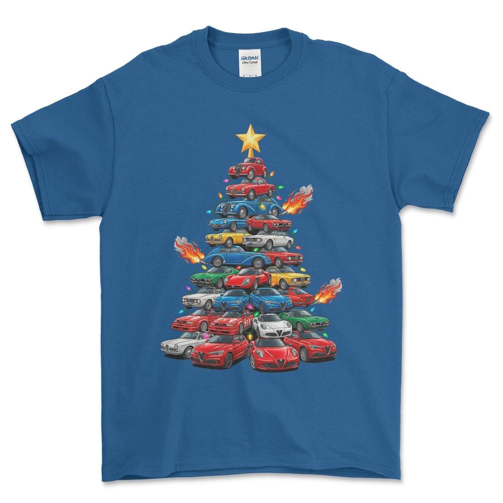 Alfa Romeo Juletræ Christmas Tree - Unisex T-Shirt-Beklædning-Alfa Romeo-Blå Royal-S-Forside-Garage Culture Shop- garage - man cave - merchandise