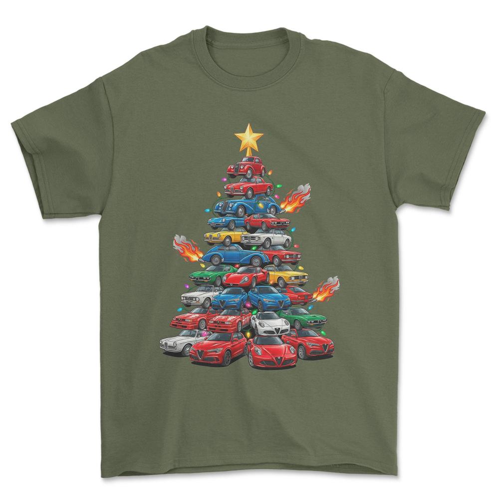 Alfa Romeo Juletræ Christmas Tree - Unisex T-Shirt-Beklædning-Alfa Romeo-Grøn Militær-S-Forside-Garage Culture Shop- garage - man cave - merchandise