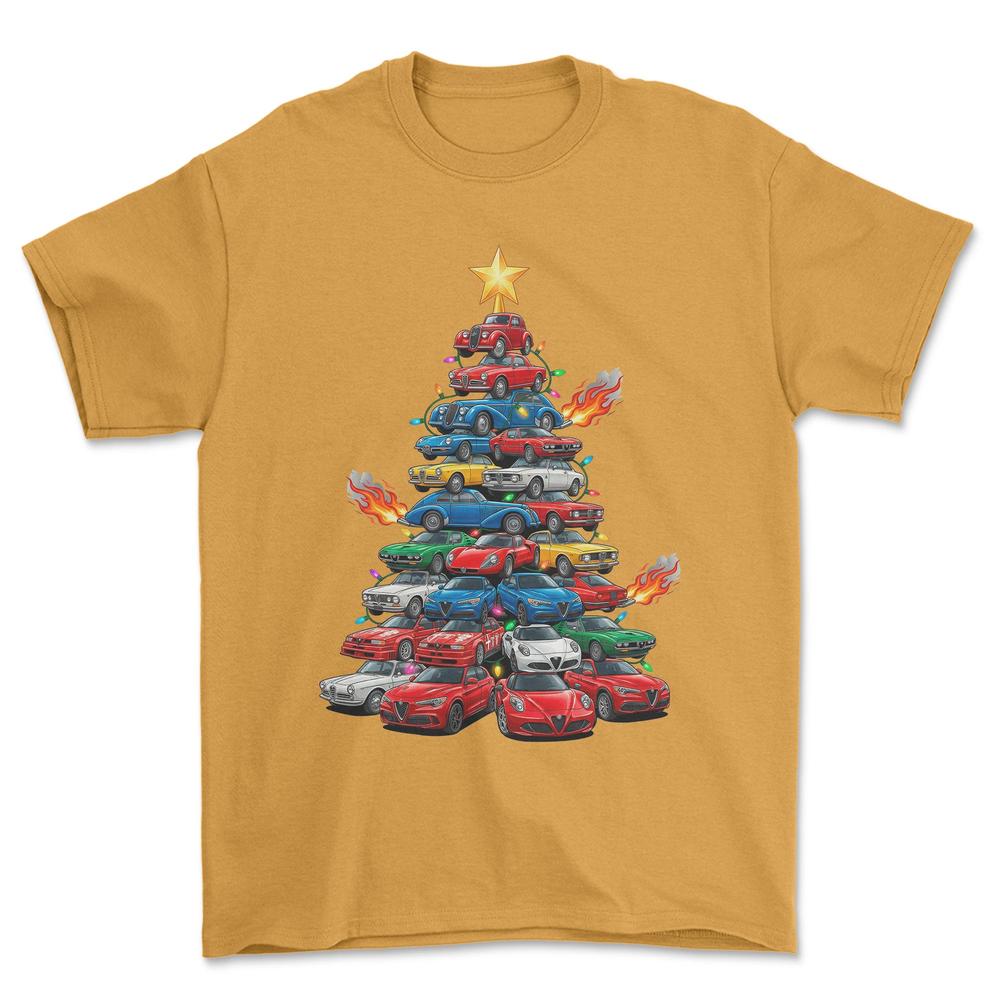Alfa Romeo Juletræ Christmas Tree - Unisex T-Shirt-Beklædning-Alfa Romeo-Guld-S-Forside-Garage Culture Shop- garage - man cave - merchandise