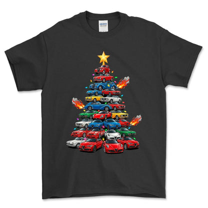 Alfa Romeo Juletræ Christmas Tree - Unisex T-Shirt-Beklædning-Alfa Romeo-Sort-S-Forside-Garage Culture Shop- garage - man cave - merchandise