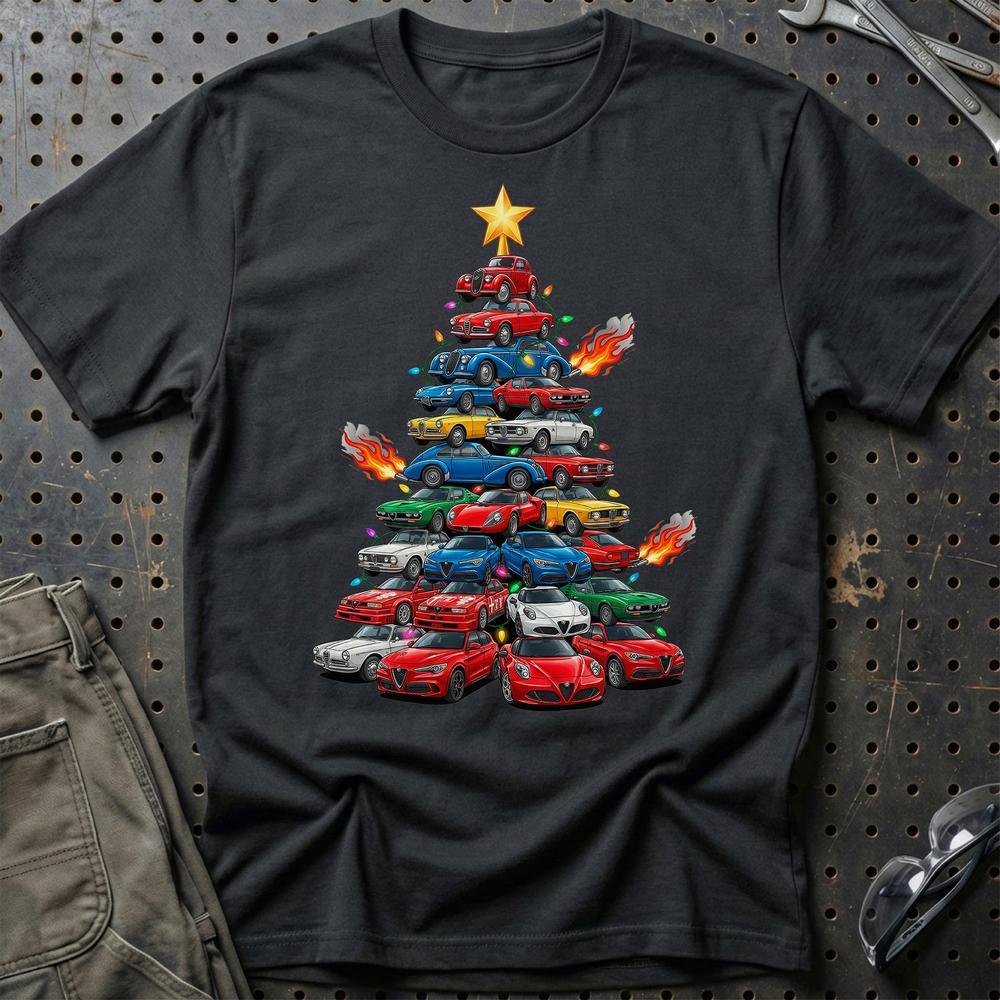 Alfa Romeo Juletræ Christmas Tree - Unisex T-Shirt-Beklædning-Alfa Romeo-Sort-S-Garage Culture Shop- garage - man cave - merchandise