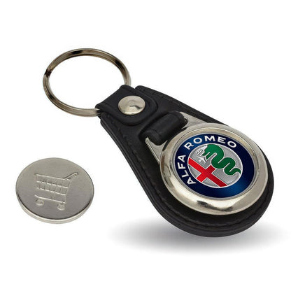 Alfa Romeo - Nøglering med Indkøbsvognsmønt – Metal & Kunstlæder-Nøglering-Alfa Romeo-Garage Culture Shop- garage - man cave - merchandise