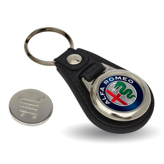 Alfa Romeo - Nøglering med Indkøbsvognsmønt – Metal & Kunstlæder-Nøglering-Alfa Romeo-Garage Culture Shop- garage - man cave - merchandise