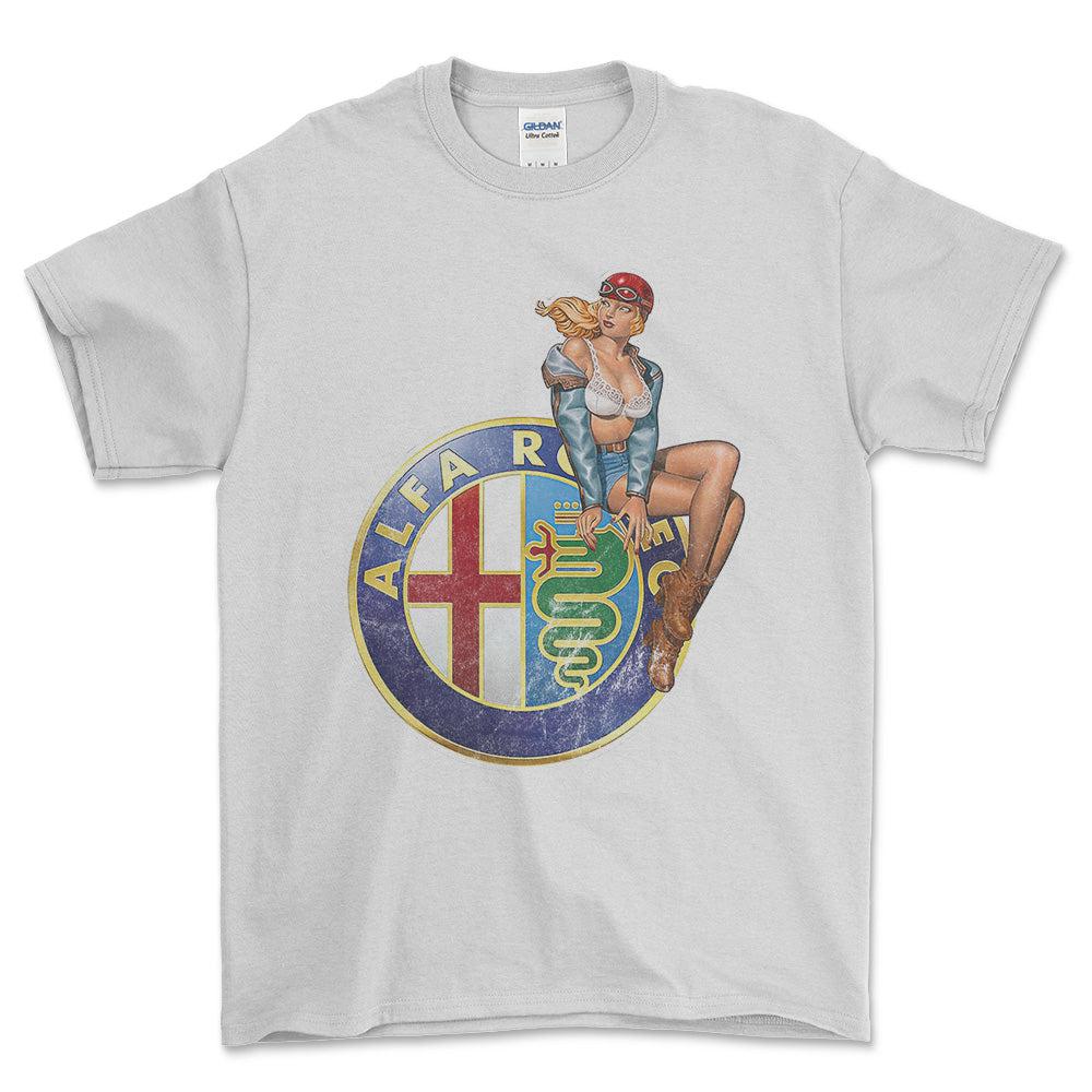 Alfa Romeo Pinup - Unisex T-Shirt , Bomuld-Beklædning-Alfa Romeo-Hvid-S-Forside-Garage Culture Shop- garage - man cave - merchandise