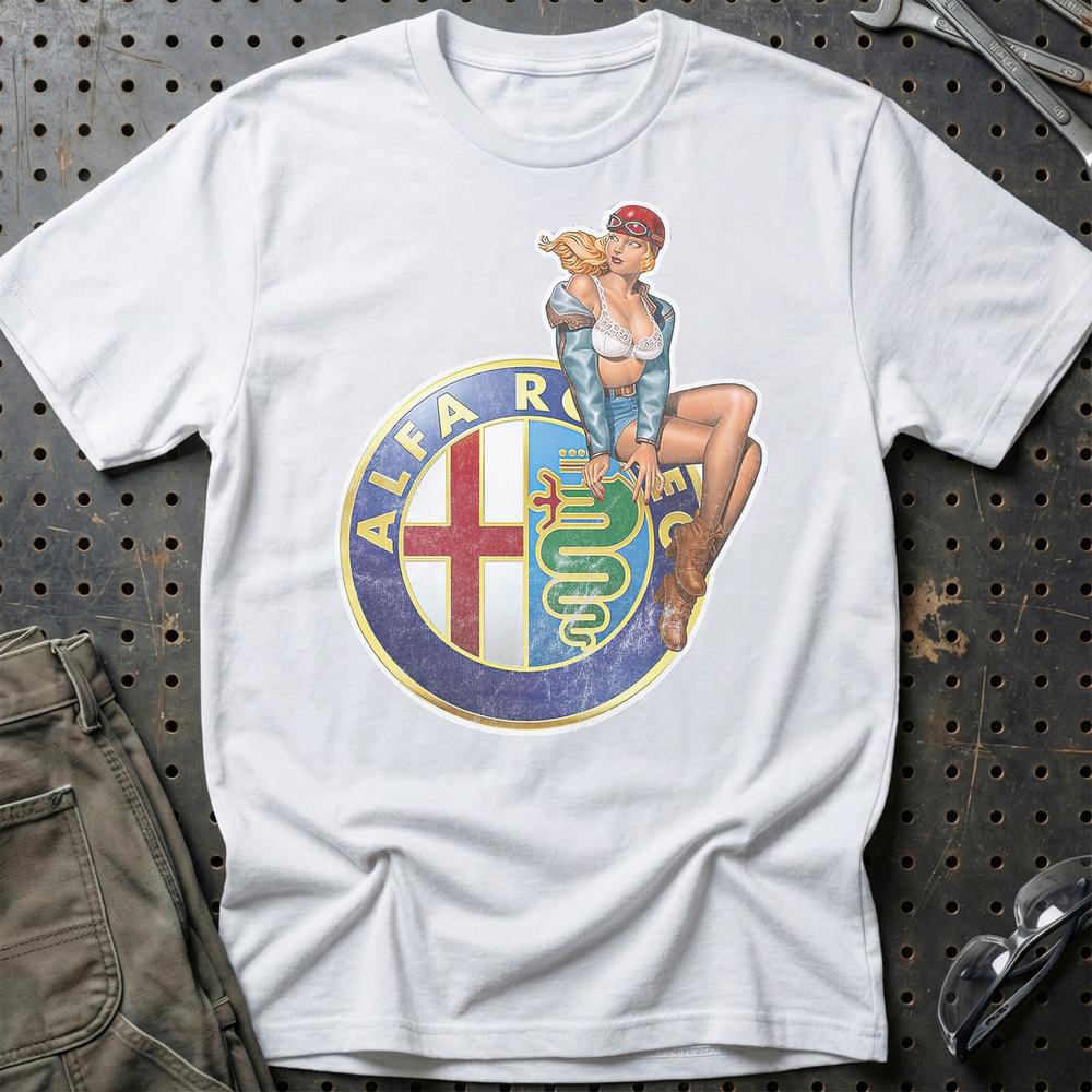 Alfa Romeo Pinup - Unisex T-Shirt , Bomuld-Beklædning-Alfa Romeo-Hvid-S-Garage Culture Shop- garage - man cave - merchandise