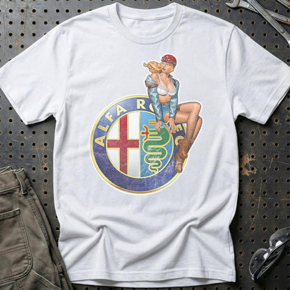 Alfa Romeo Pinup - Unisex T-Shirt , Bomuld-Beklædning-Alfa Romeo-Hvid-S-Garage Culture Shop- garage - man cave - merchandise