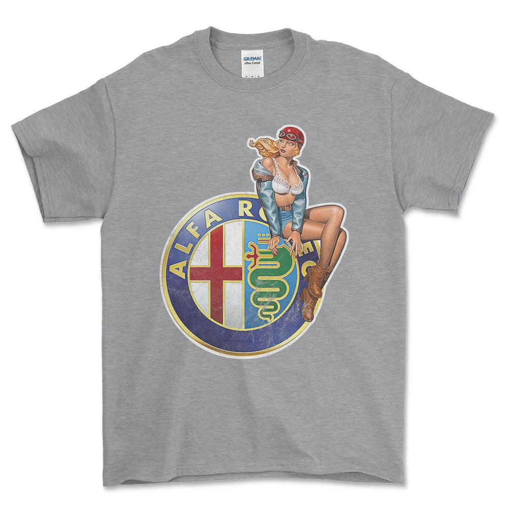 Alfa Romeo Pinup - Unisex T-Shirt , Bomuld-Beklædning-Alfa Romeo-Grå Sport-S-Forside-Garage Culture Shop- garage - man cave - merchandise