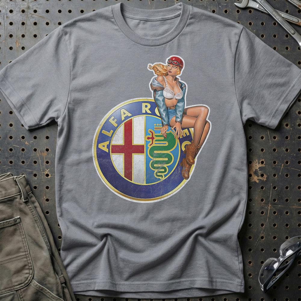 Alfa Romeo Pinup - Unisex T-Shirt , Bomuld-Beklædning-Alfa Romeo-Grå Sport-S-Garage Culture Shop- garage - man cave - merchandise