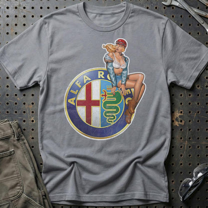 Alfa Romeo Pinup - Unisex T-Shirt , Bomuld-Beklædning-Alfa Romeo-Grå Sport-S-Garage Culture Shop- garage - man cave - merchandise