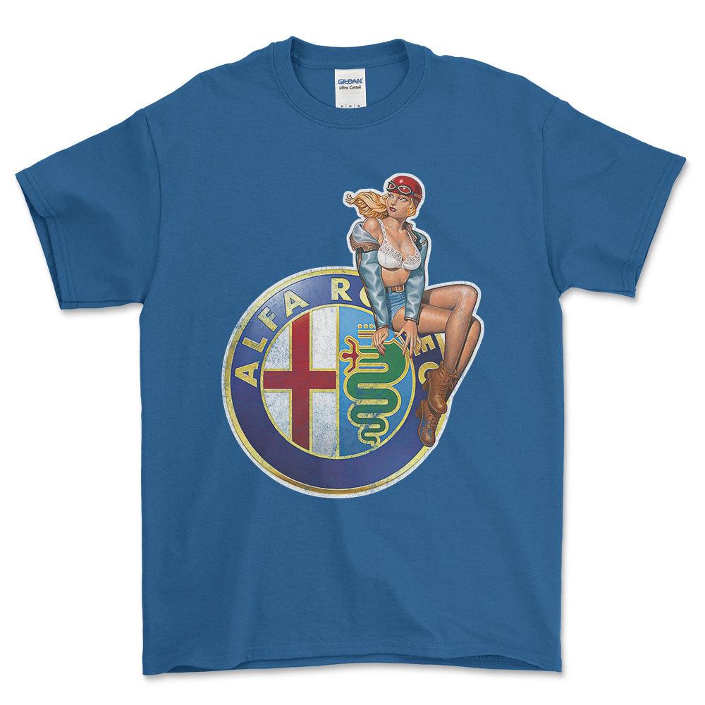 Alfa Romeo Pinup - Unisex T-Shirt , Bomuld-Beklædning-Alfa Romeo-Blå Royal-S-Forside-Garage Culture Shop- garage - man cave - merchandise