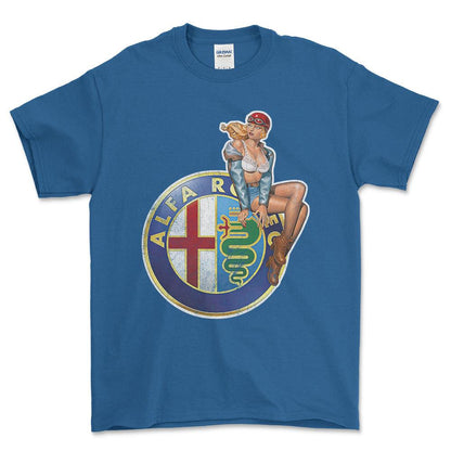Alfa Romeo Pinup - Unisex T-Shirt , Bomuld-Beklædning-Alfa Romeo-Blå Royal-S-Forside-Garage Culture Shop- garage - man cave - merchandise