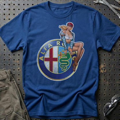 Alfa Romeo Pinup - Unisex T-Shirt , Bomuld-Beklædning-Alfa Romeo-Blå Royal-S-Garage Culture Shop- garage - man cave - merchandise