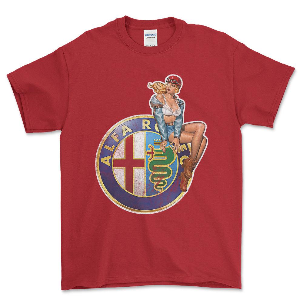 Alfa Romeo Pinup - Unisex T-Shirt , Bomuld-Beklædning-Alfa Romeo-Rød-S-Forside-Garage Culture Shop- garage - man cave - merchandise