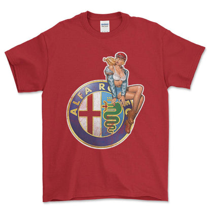 Alfa Romeo Pinup - Unisex T-Shirt , Bomuld-Beklædning-Alfa Romeo-Rød-S-Forside-Garage Culture Shop- garage - man cave - merchandise