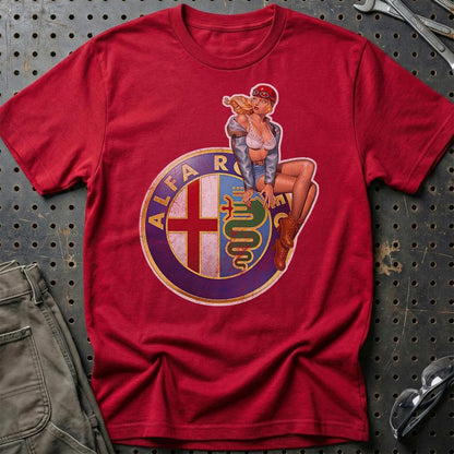 Alfa Romeo Pinup - Unisex T-Shirt , Bomuld-Beklædning-Alfa Romeo-Rød-S-Garage Culture Shop- garage - man cave - merchandise