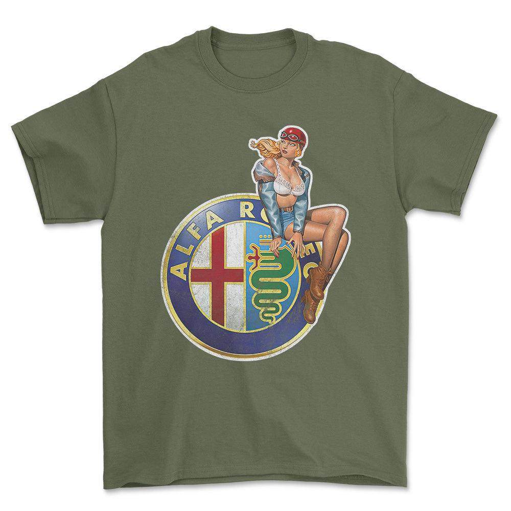 Alfa Romeo Pinup - Unisex T-Shirt , Bomuld-Beklædning-Alfa Romeo-Grøn Militær-S-Forside-Garage Culture Shop- garage - man cave - merchandise