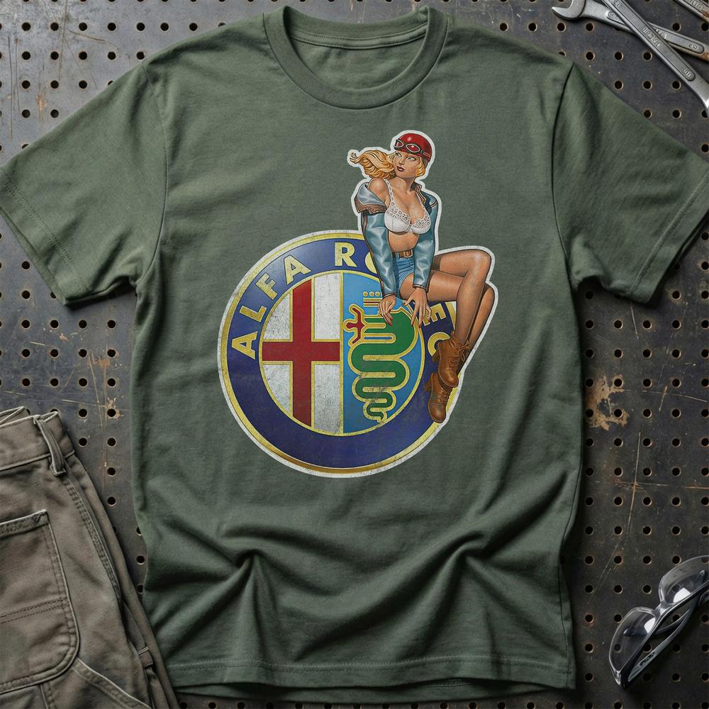Alfa Romeo Pinup - Unisex T-Shirt , Bomuld-Beklædning-Alfa Romeo-Grøn Militær-S-Garage Culture Shop- garage - man cave - merchandise