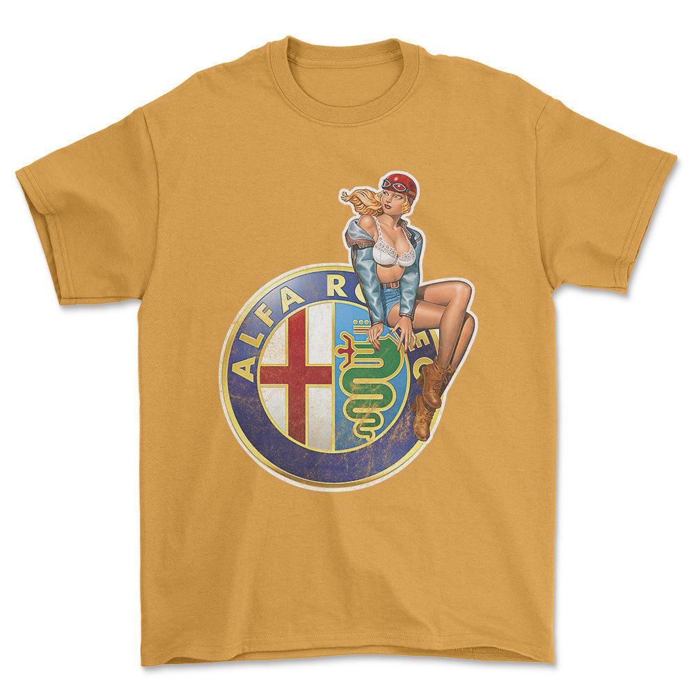 Alfa Romeo Pinup - Unisex T-Shirt , Bomuld-Beklædning-Alfa Romeo-Guld-S-Forside-Garage Culture Shop- garage - man cave - merchandise