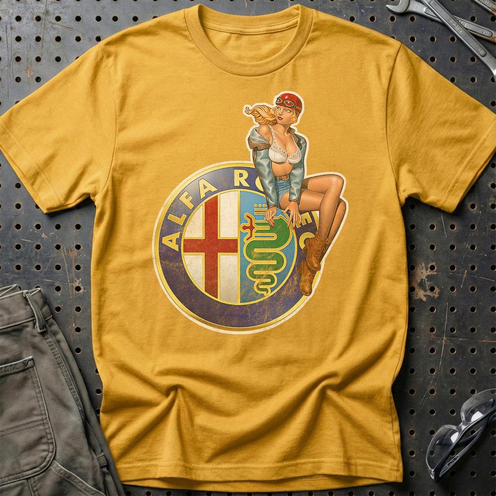 Alfa Romeo Pinup - Unisex T-Shirt , Bomuld-Beklædning-Alfa Romeo-Guld-S-Garage Culture Shop- garage - man cave - merchandise