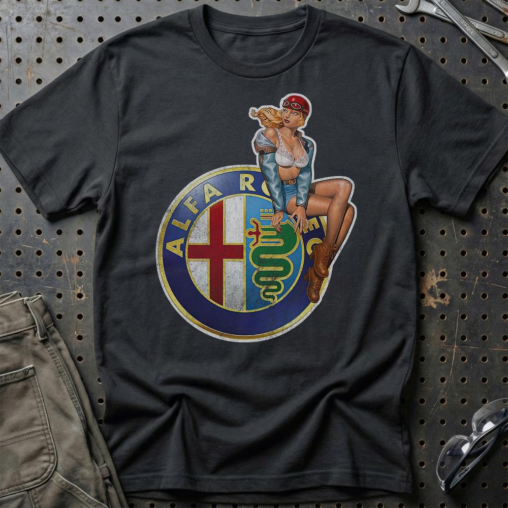 Alfa Romeo Pinup - Unisex T-Shirt , Bomuld-Beklædning-Alfa Romeo-Sort-S-Garage Culture Shop- garage - man cave - merchandise