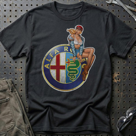 Alfa Romeo Pinup - Unisex T-Shirt , Bomuld-Beklædning-Alfa Romeo-Sort-S-Garage Culture Shop- garage - man cave - merchandise