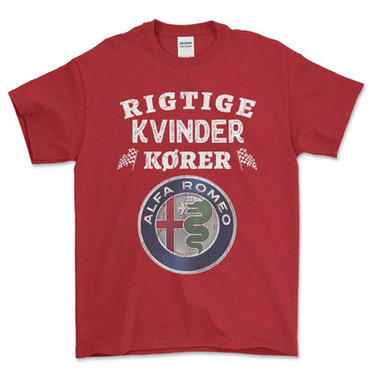Alfa Romeo Rigtige Kvinder Kører - Unisex T-Shirt , Bomuld-Beklædning-Alfa Romeo-Rød-S-Forside-Garage Culture Shop- garage - man cave - merchandise